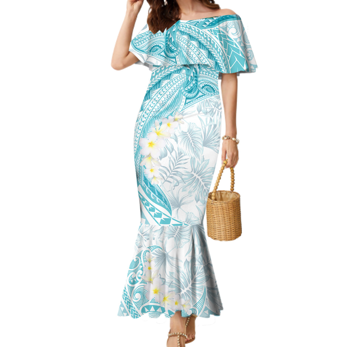 Polynesia Humpback Whale Family Matching Mermaid Dress and Hawaiian Shirt Tropical Plumeria Turquoise LT7 Mom's Dress Turquoise - Polynesian Pride