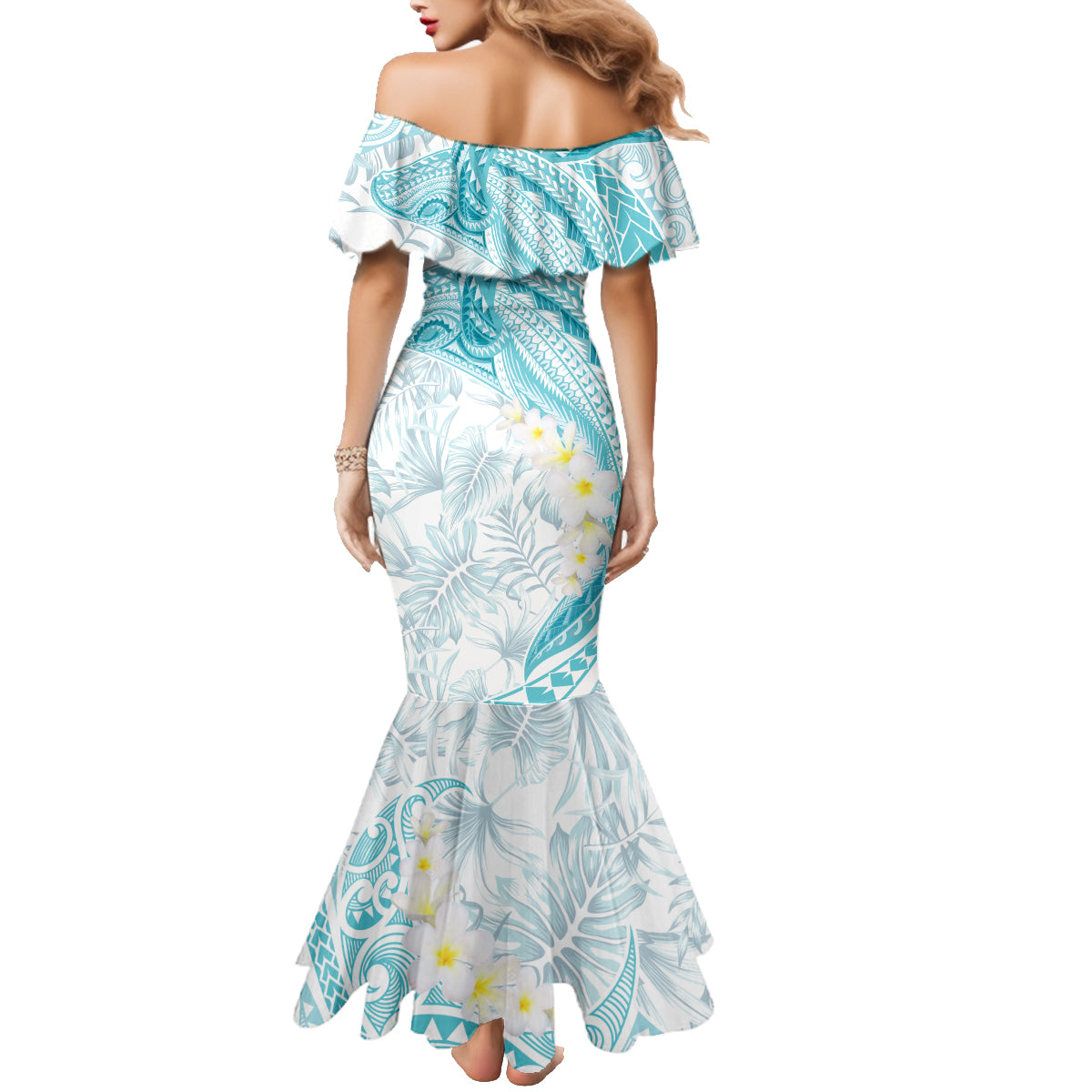 Polynesia Humpback Whale Family Matching Mermaid Dress and Hawaiian Shirt Tropical Plumeria Turquoise LT7 - Polynesian Pride