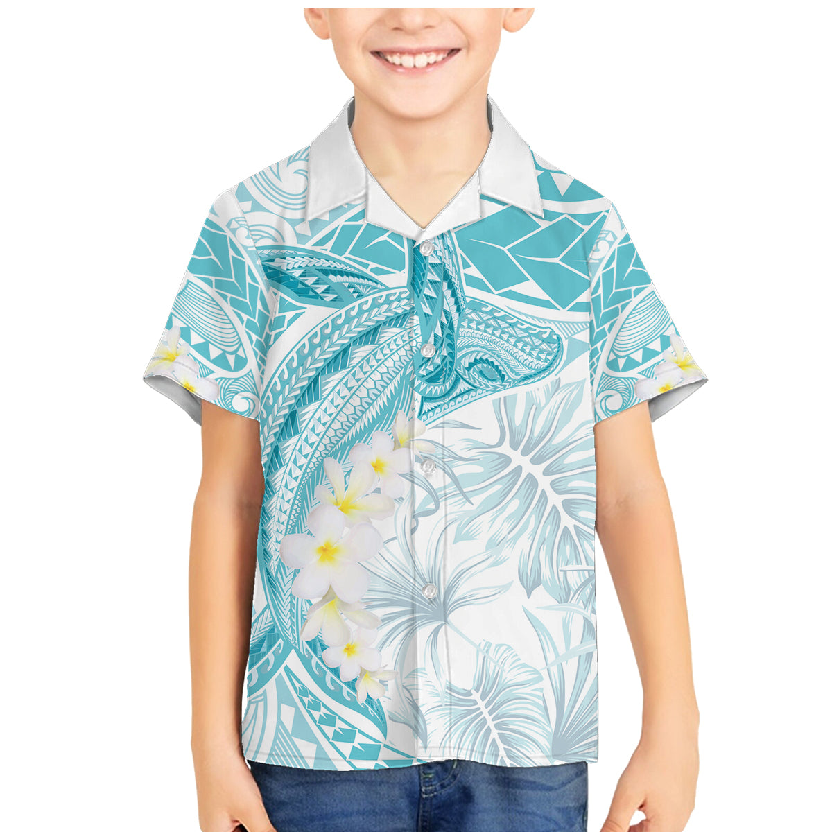 Polynesia Humpback Whale Family Matching Mermaid Dress and Hawaiian Shirt Tropical Plumeria Turquoise LT7 Son's Shirt Turquoise - Polynesian Pride