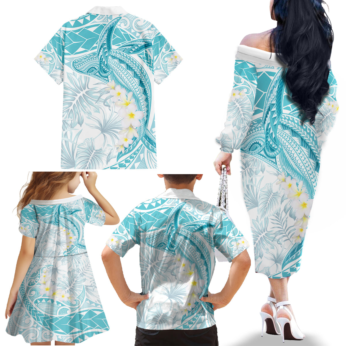 Polynesia Humpback Whale Family Matching Off The Shoulder Long Sleeve Dress and Hawaiian Shirt Tropical Plumeria Turquoise LT7 - Polynesian Pride