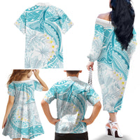 Polynesia Humpback Whale Family Matching Off The Shoulder Long Sleeve Dress and Hawaiian Shirt Tropical Plumeria Turquoise LT7 - Polynesian Pride