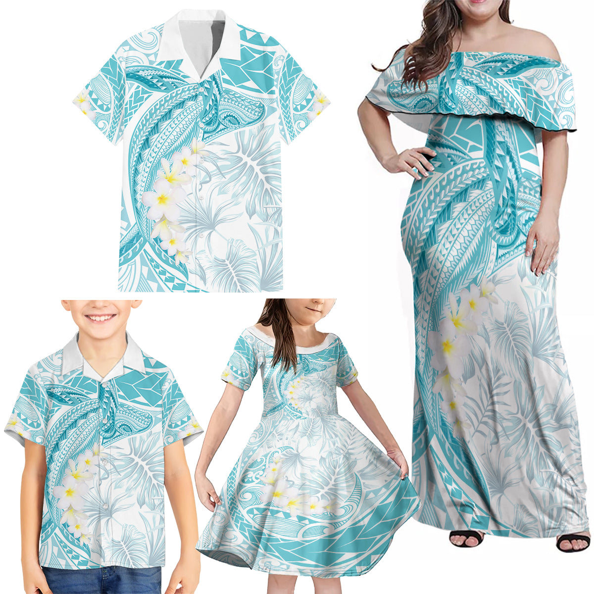 Polynesia Humpback Whale Family Matching Off Shoulder Maxi Dress and Hawaiian Shirt Tropical Plumeria Turquoise LT7 - Polynesian Pride