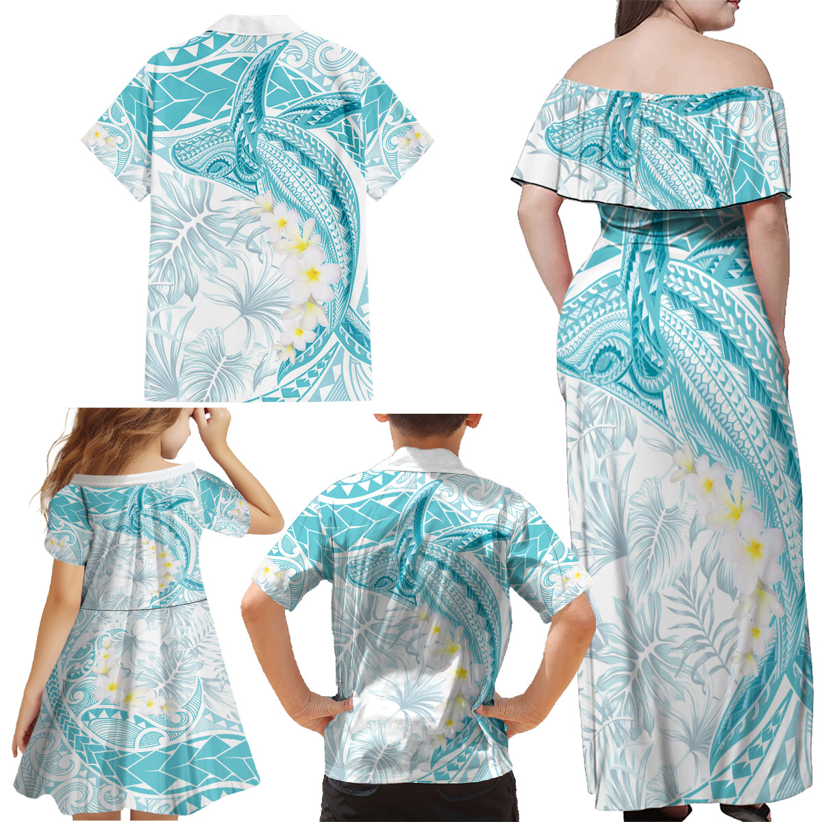 Polynesia Humpback Whale Family Matching Off Shoulder Maxi Dress and Hawaiian Shirt Tropical Plumeria Turquoise LT7 - Polynesian Pride