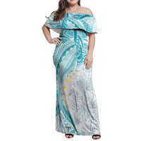 Polynesia Humpback Whale Family Matching Off Shoulder Maxi Dress and Hawaiian Shirt Tropical Plumeria Turquoise LT7 Mom's Dress Turquoise - Polynesian Pride