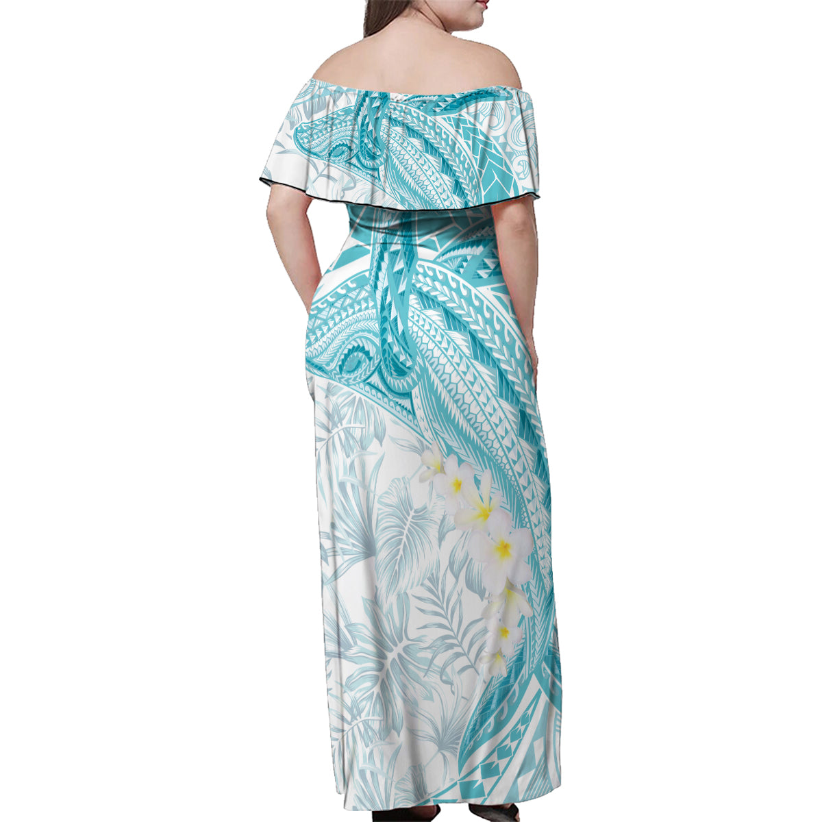 Polynesia Humpback Whale Family Matching Off Shoulder Maxi Dress and Hawaiian Shirt Tropical Plumeria Turquoise LT7 - Polynesian Pride