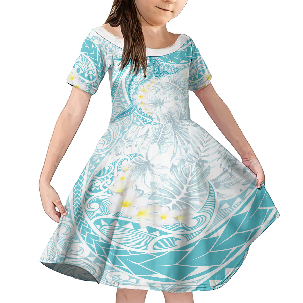 Polynesia Humpback Whale Family Matching Off Shoulder Short Dress and Hawaiian Shirt Tropical Plumeria Turquoise LT7 Daughter's Dress Turquoise - Polynesian Pride