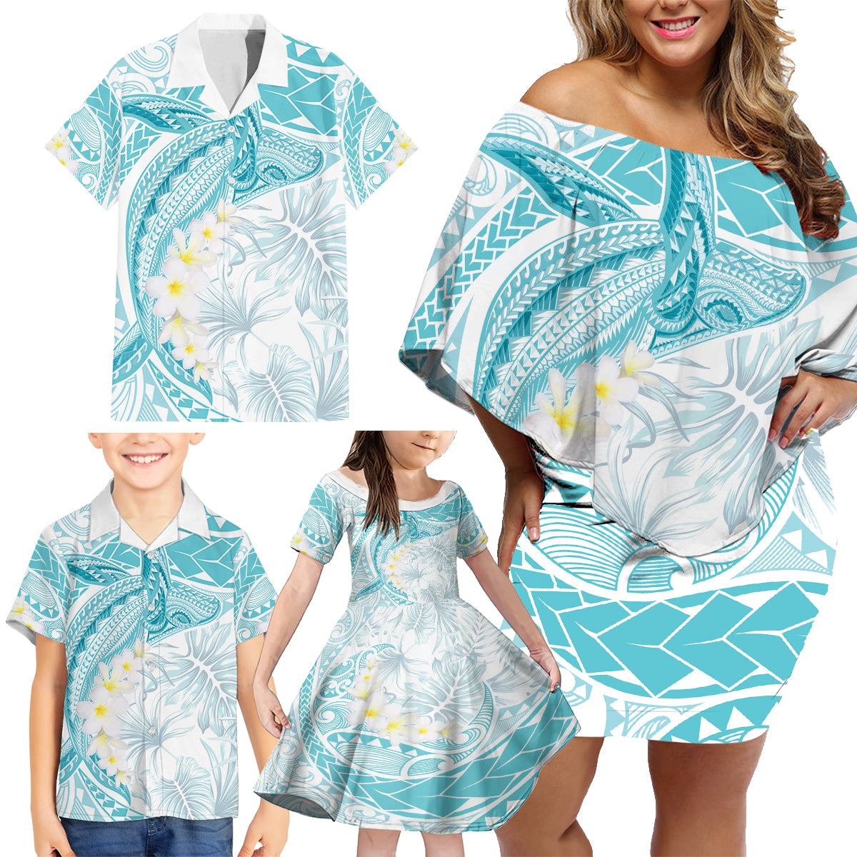 Polynesia Humpback Whale Family Matching Off Shoulder Short Dress and Hawaiian Shirt Tropical Plumeria Turquoise LT7 - Polynesian Pride