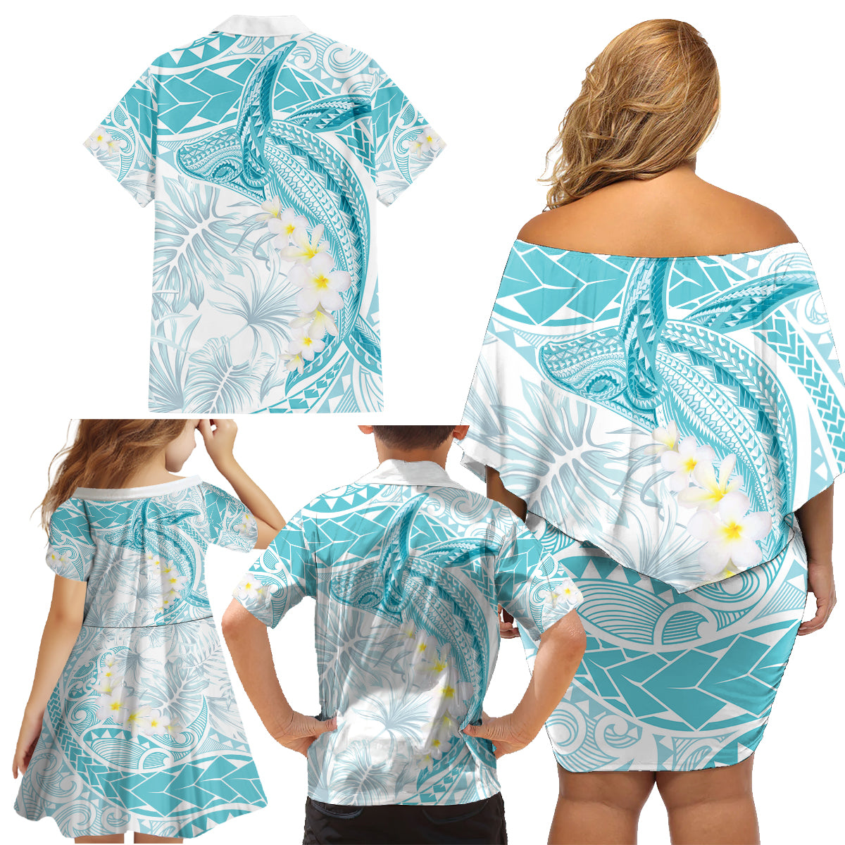 Polynesia Humpback Whale Family Matching Off Shoulder Short Dress and Hawaiian Shirt Tropical Plumeria Turquoise LT7 - Polynesian Pride