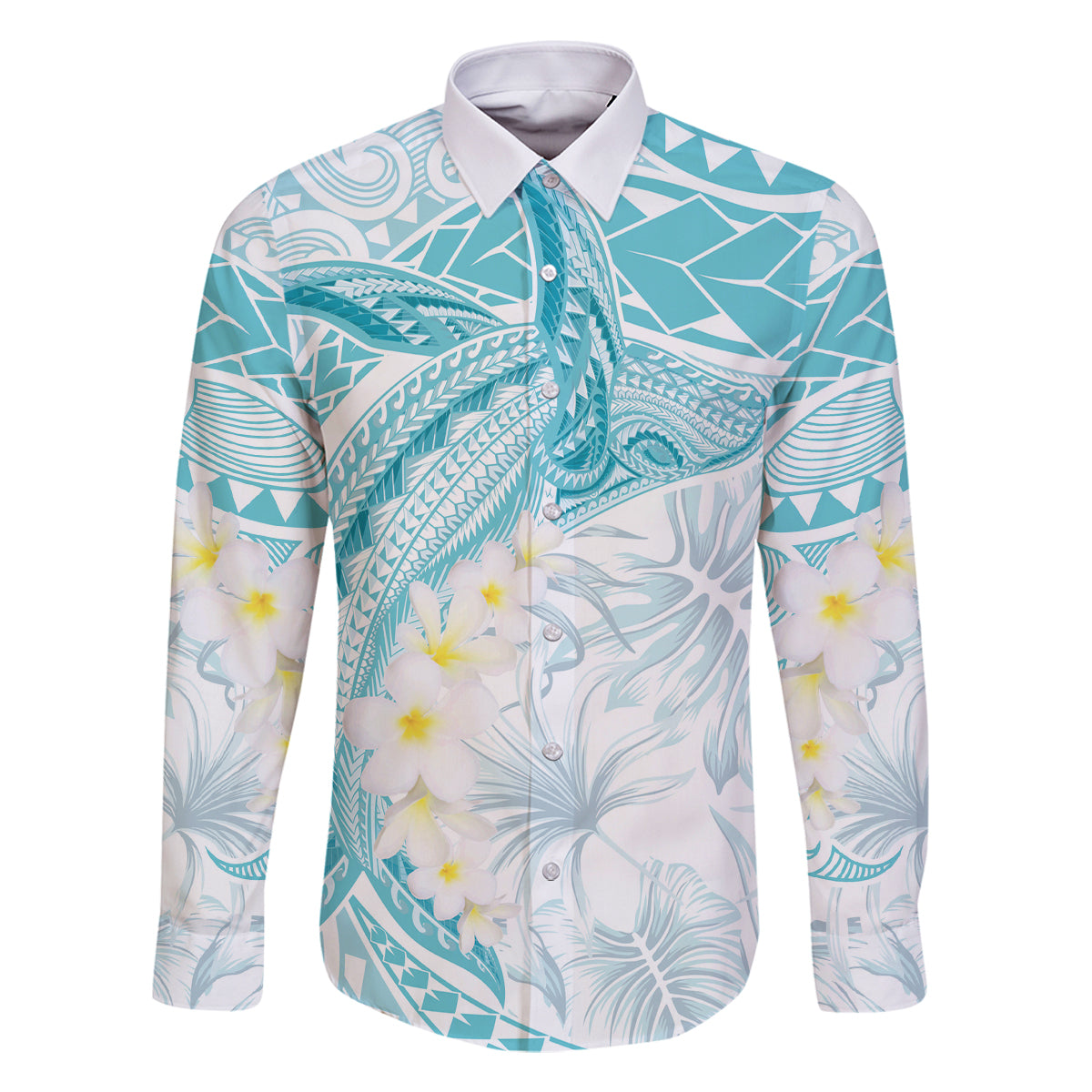 Polynesia Humpback Whale Family Matching Off Shoulder Short Dress and Hawaiian Shirt Tropical Plumeria Turquoise LT7 Dad's Shirt - Long Sleeve Turquoise - Polynesian Pride
