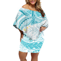 Polynesia Humpback Whale Family Matching Off Shoulder Short Dress and Hawaiian Shirt Tropical Plumeria Turquoise LT7 Mom's Dress Turquoise - Polynesian Pride