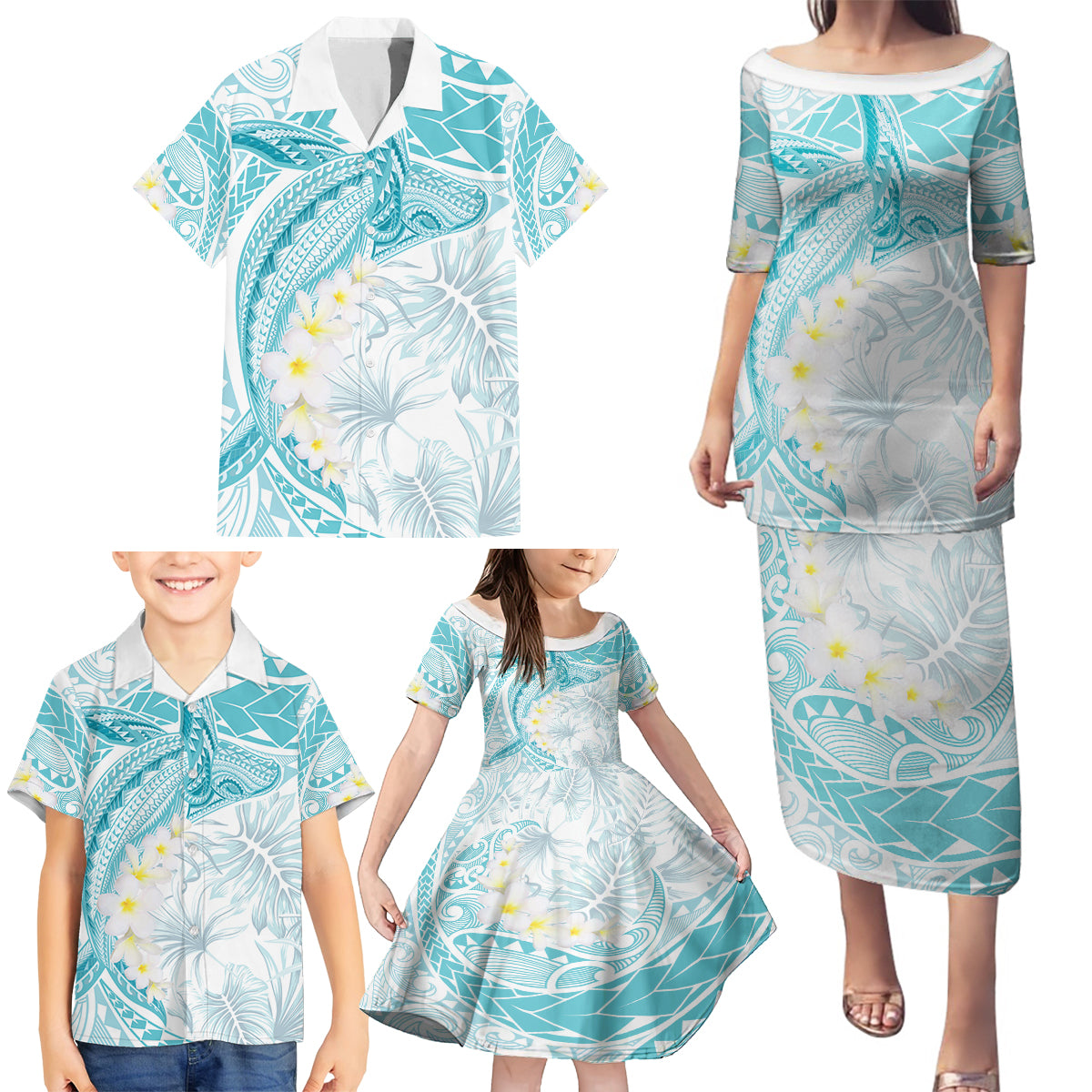 Polynesia Humpback Whale Family Matching Puletasi and Hawaiian Shirt Tropical Plumeria Turquoise LT7 - Polynesian Pride