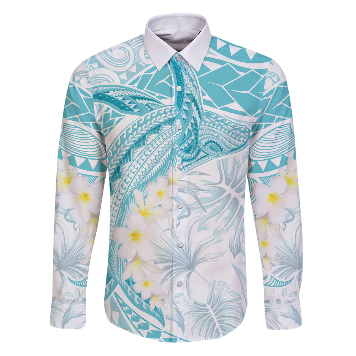 Polynesia Humpback Whale Family Matching Puletasi and Hawaiian Shirt Tropical Plumeria Turquoise LT7 Dad's Shirt - Long Sleeve Turquoise - Polynesian Pride
