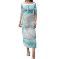 Polynesia Humpback Whale Family Matching Puletasi and Hawaiian Shirt Tropical Plumeria Turquoise LT7 Mom's Dress Turquoise - Polynesian Pride
