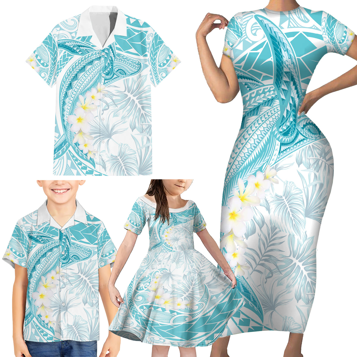 Polynesia Humpback Whale Family Matching Short Sleeve Bodycon Dress and Hawaiian Shirt Tropical Plumeria Turquoise LT7 - Polynesian Pride