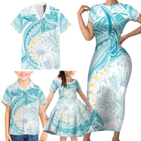 Polynesia Humpback Whale Family Matching Short Sleeve Bodycon Dress and Hawaiian Shirt Tropical Plumeria Turquoise LT7 - Polynesian Pride