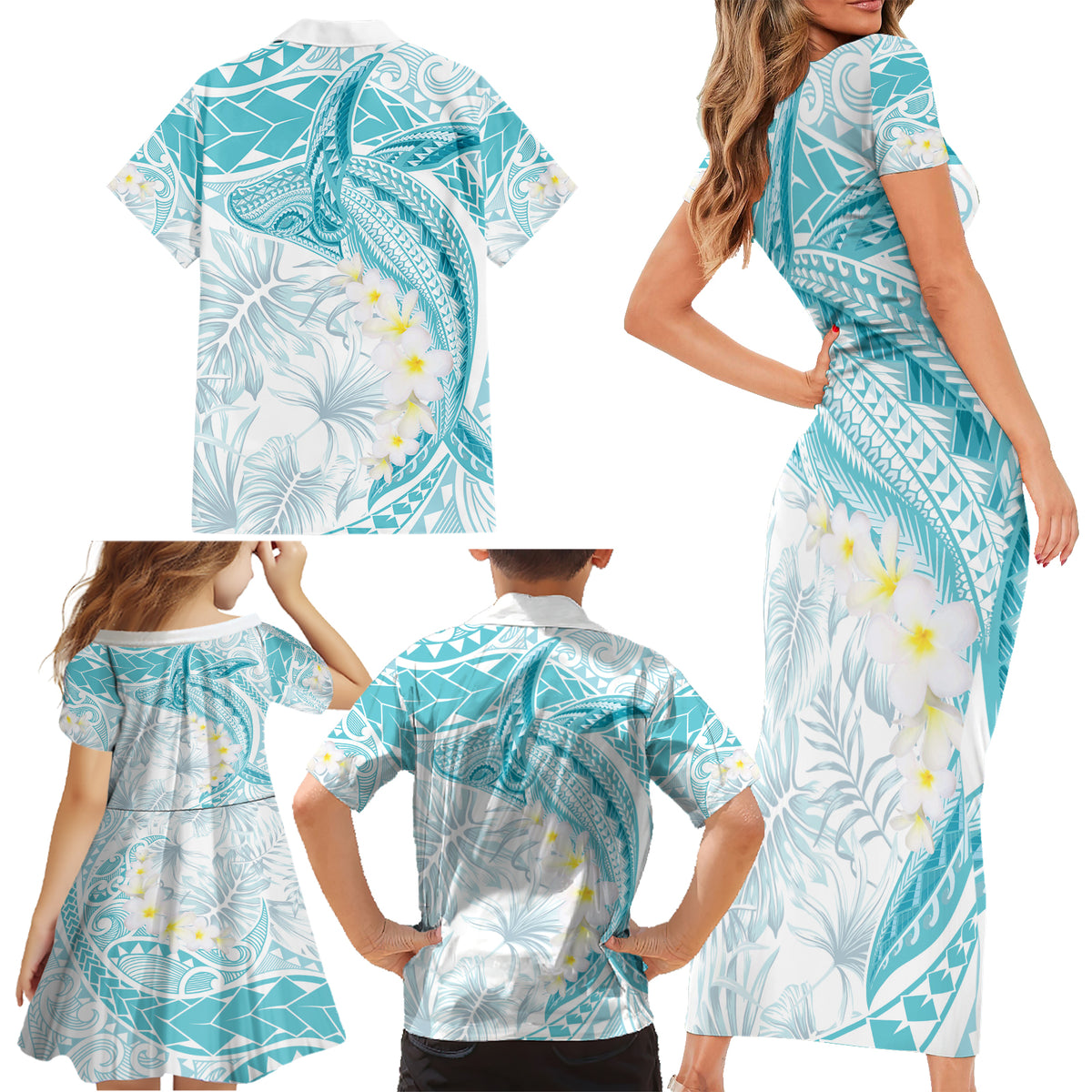 Polynesia Humpback Whale Family Matching Short Sleeve Bodycon Dress and Hawaiian Shirt Tropical Plumeria Turquoise LT7 - Polynesian Pride