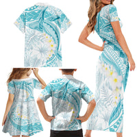 Polynesia Humpback Whale Family Matching Short Sleeve Bodycon Dress and Hawaiian Shirt Tropical Plumeria Turquoise LT7 - Polynesian Pride