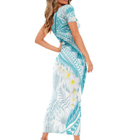 Polynesia Humpback Whale Family Matching Short Sleeve Bodycon Dress and Hawaiian Shirt Tropical Plumeria Turquoise LT7 - Polynesian Pride