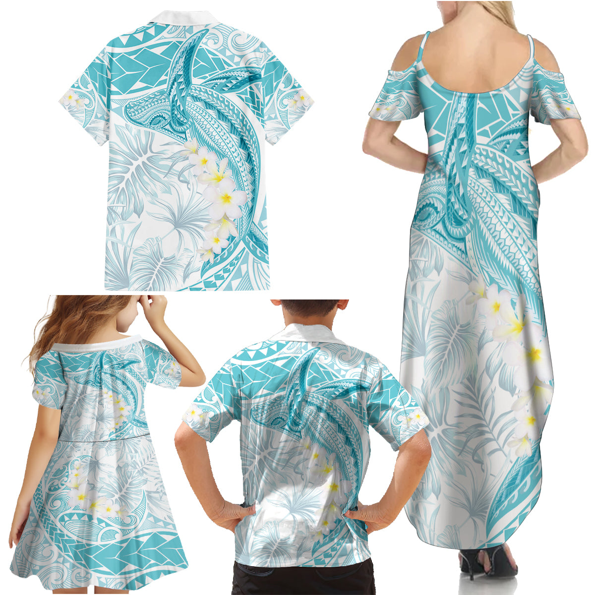 Polynesia Humpback Whale Family Matching Summer Maxi Dress and Hawaiian Shirt Tropical Plumeria Turquoise LT7 - Polynesian Pride