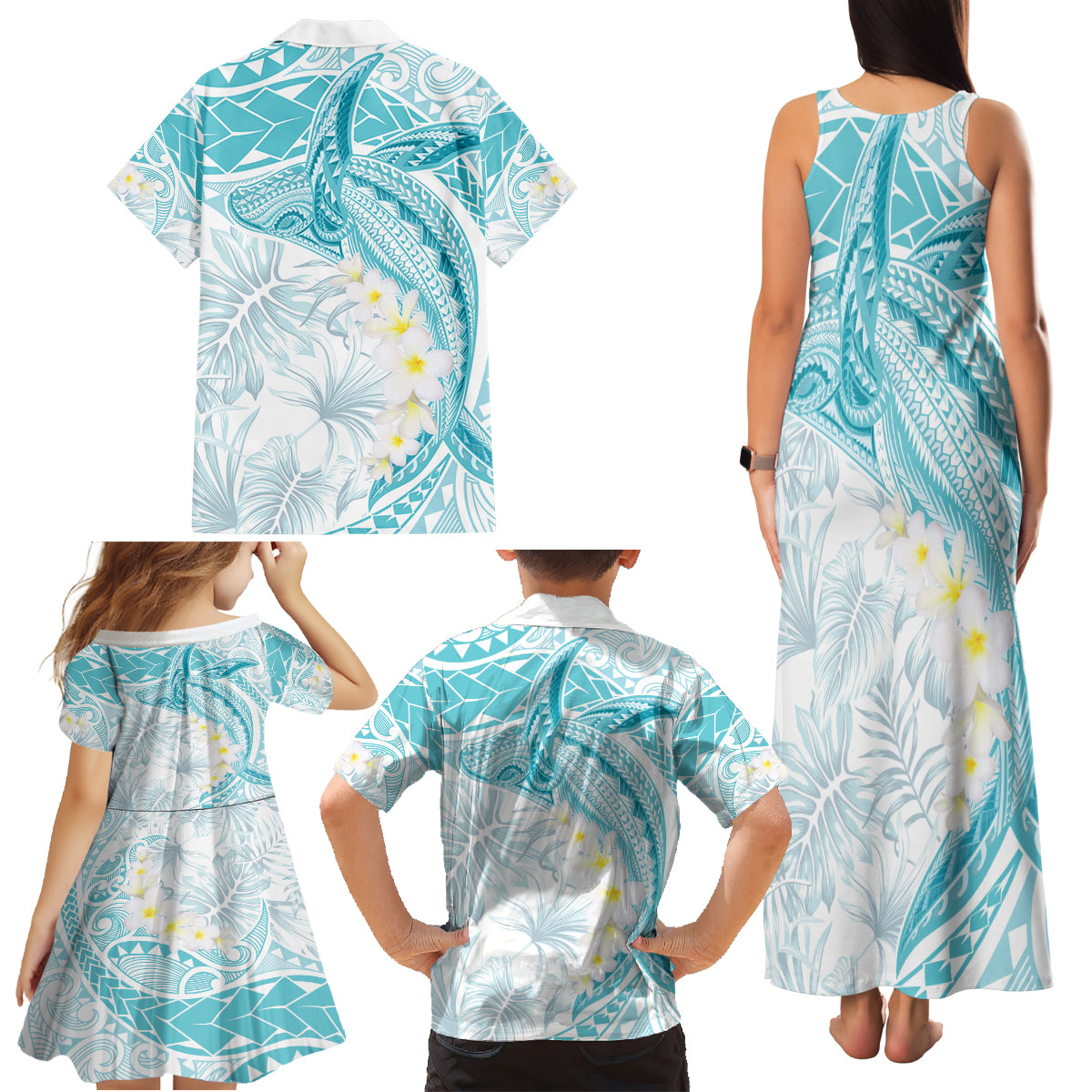 Polynesia Humpback Whale Family Matching Tank Maxi Dress and Hawaiian Shirt Tropical Plumeria Turquoise LT7 - Polynesian Pride