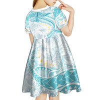 Polynesia Humpback Whale Kid Short Sleeve Dress Tropical Plumeria Turquoise