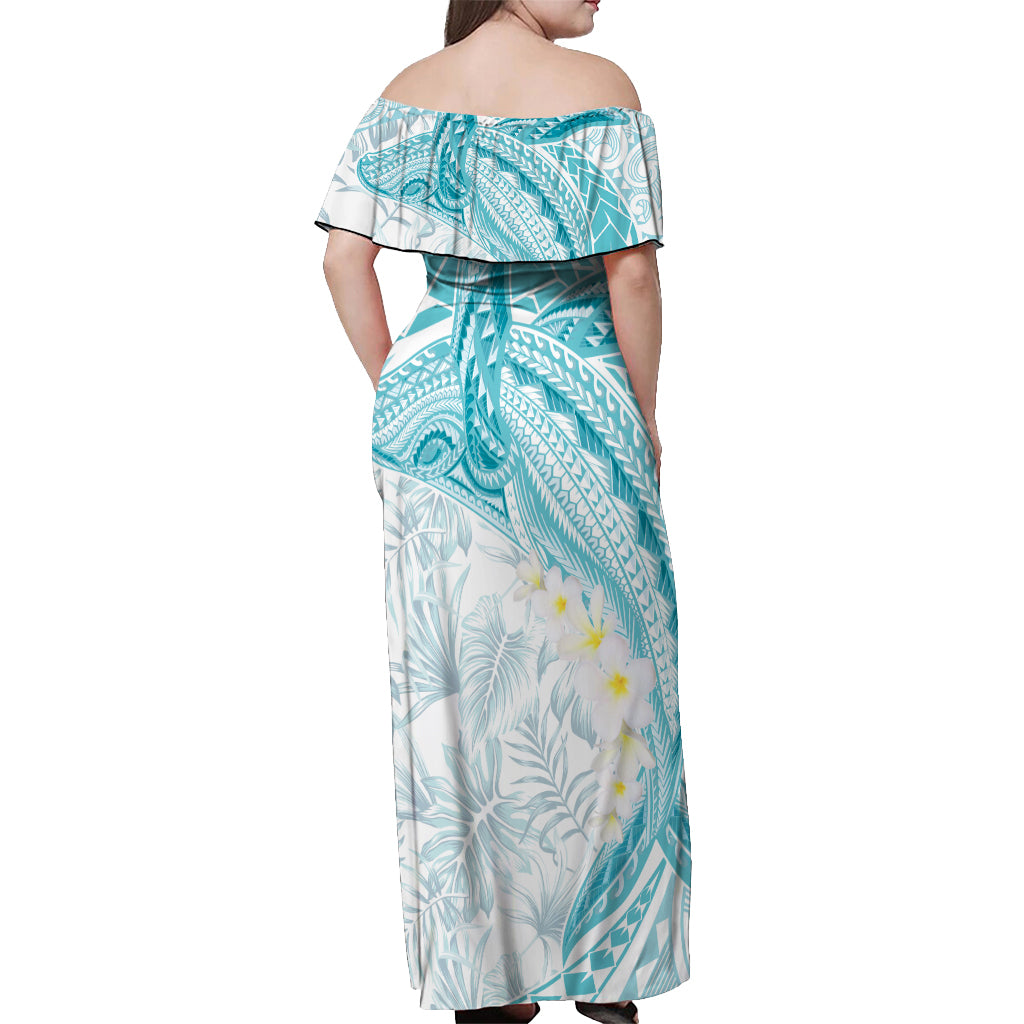 Polynesia Humpback Whale Off Shoulder Maxi Dress Tropical Plumeria Turquoise