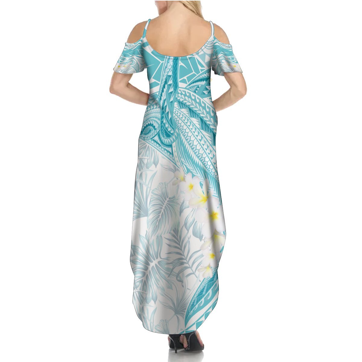 Polynesia Humpback Whale Summer Maxi Dress Tropical Plumeria Turquoise LT7 - Polynesian Pride