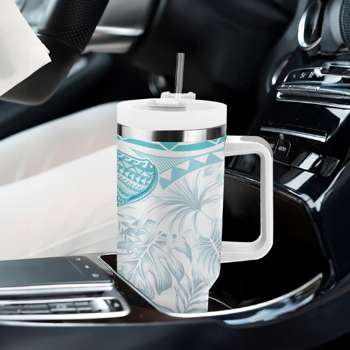 Polynesia Humpback Whale Tumbler With Handle Tropical Plumeria Turquoise