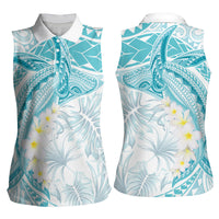 Polynesia Humpback Whale Women Sleeveless Polo Shirt Tropical Plumeria Turquoise