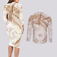 Polynesia Humpback Whale Couples Matching Long Sleeve Bodycon Dress and Long Sleeve Button Shirt Tropical Plumeria Beige