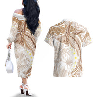 Polynesia Humpback Whale Couples Matching Off The Shoulder Long Sleeve Dress and Hawaiian Shirt Tropical Plumeria Beige LT7 - Polynesian Pride