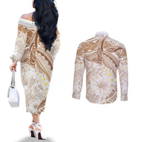 Polynesia Humpback Whale Couples Matching Off The Shoulder Long Sleeve Dress and Long Sleeve Button Shirt Tropical Plumeria Beige