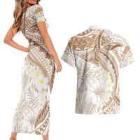 Polynesia Humpback Whale Couples Matching Short Sleeve Bodycon Dress and Hawaiian Shirt Tropical Plumeria Beige LT7 - Polynesian Pride