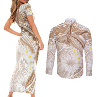 Polynesia Humpback Whale Couples Matching Short Sleeve Bodycon Dress and Long Sleeve Button Shirt Tropical Plumeria Beige