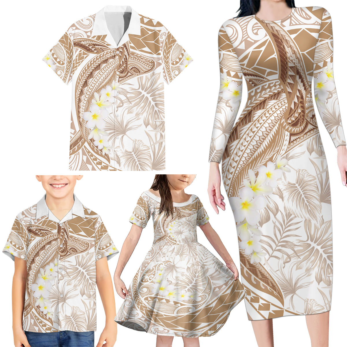 Polynesia Humpback Whale Family Matching Long Sleeve Bodycon Dress and Hawaiian Shirt Tropical Plumeria Beige LT7 - Polynesian Pride