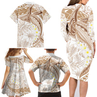 Polynesia Humpback Whale Family Matching Long Sleeve Bodycon Dress and Hawaiian Shirt Tropical Plumeria Beige LT7 - Polynesian Pride