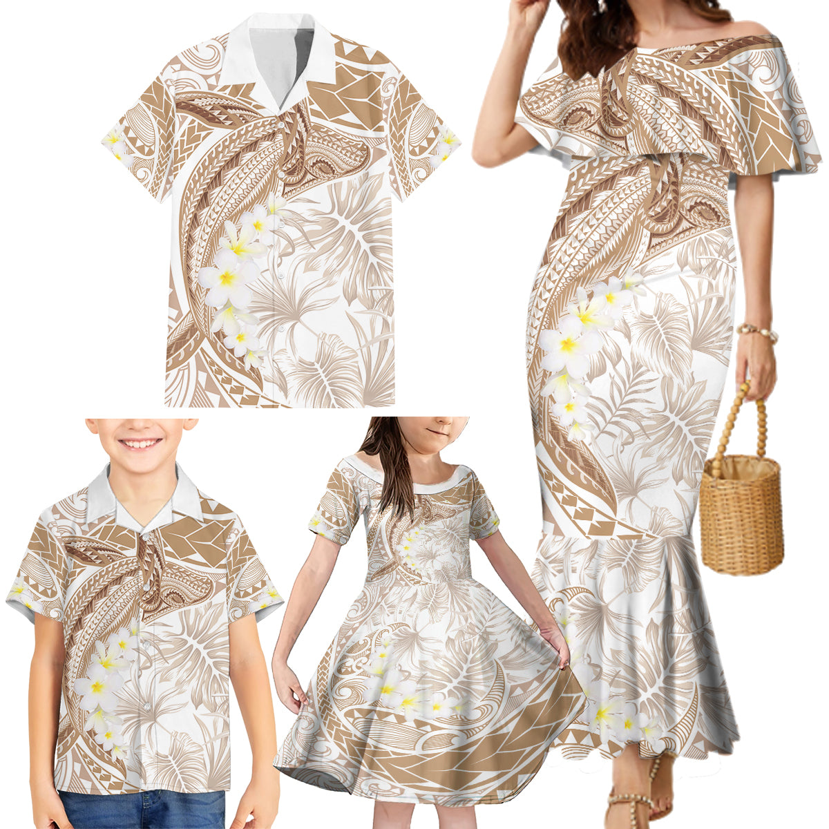 Polynesia Humpback Whale Family Matching Mermaid Dress and Hawaiian Shirt Tropical Plumeria Beige LT7 - Polynesian Pride