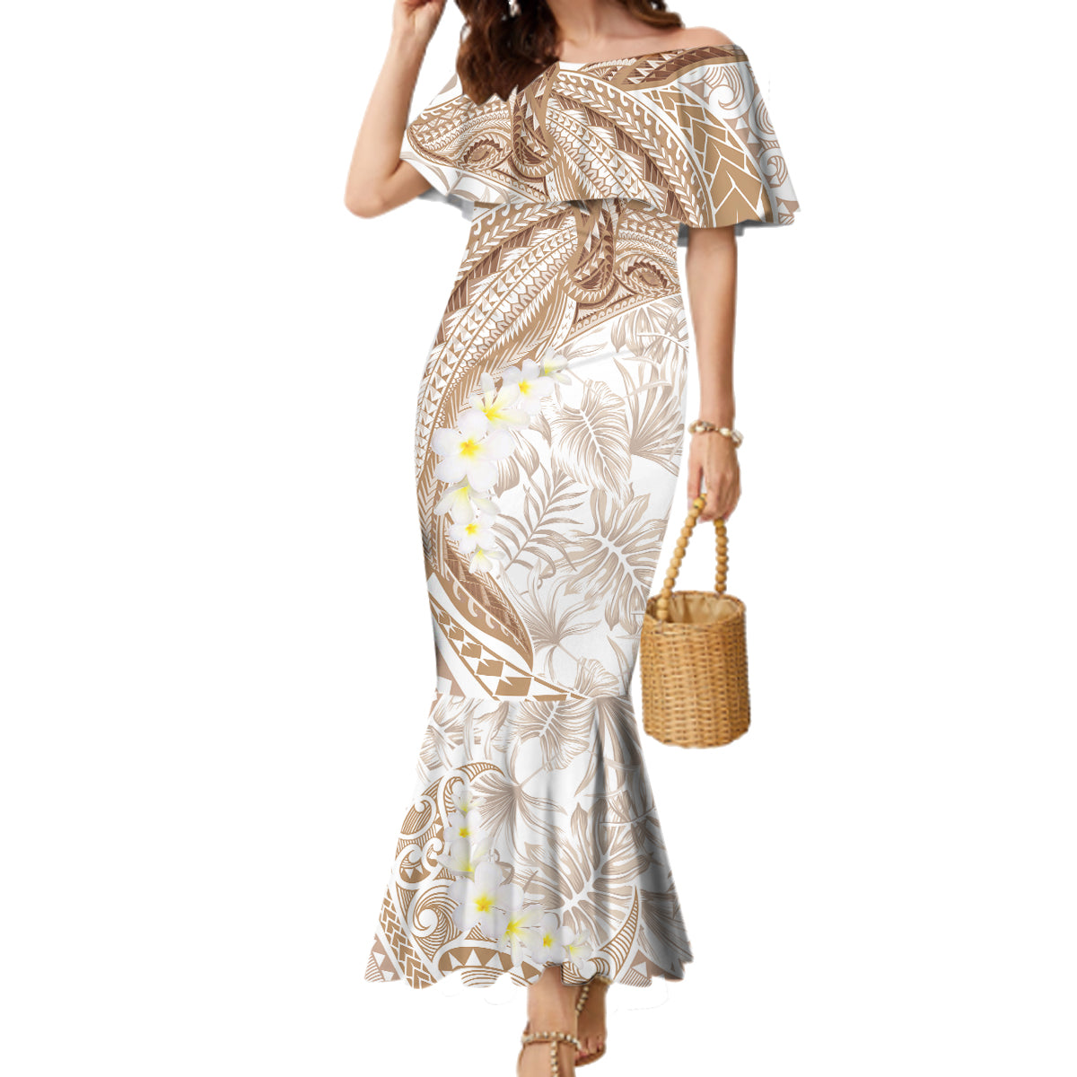 Polynesia Humpback Whale Family Matching Mermaid Dress and Hawaiian Shirt Tropical Plumeria Beige LT7 Mom's Dress Beige - Polynesian Pride