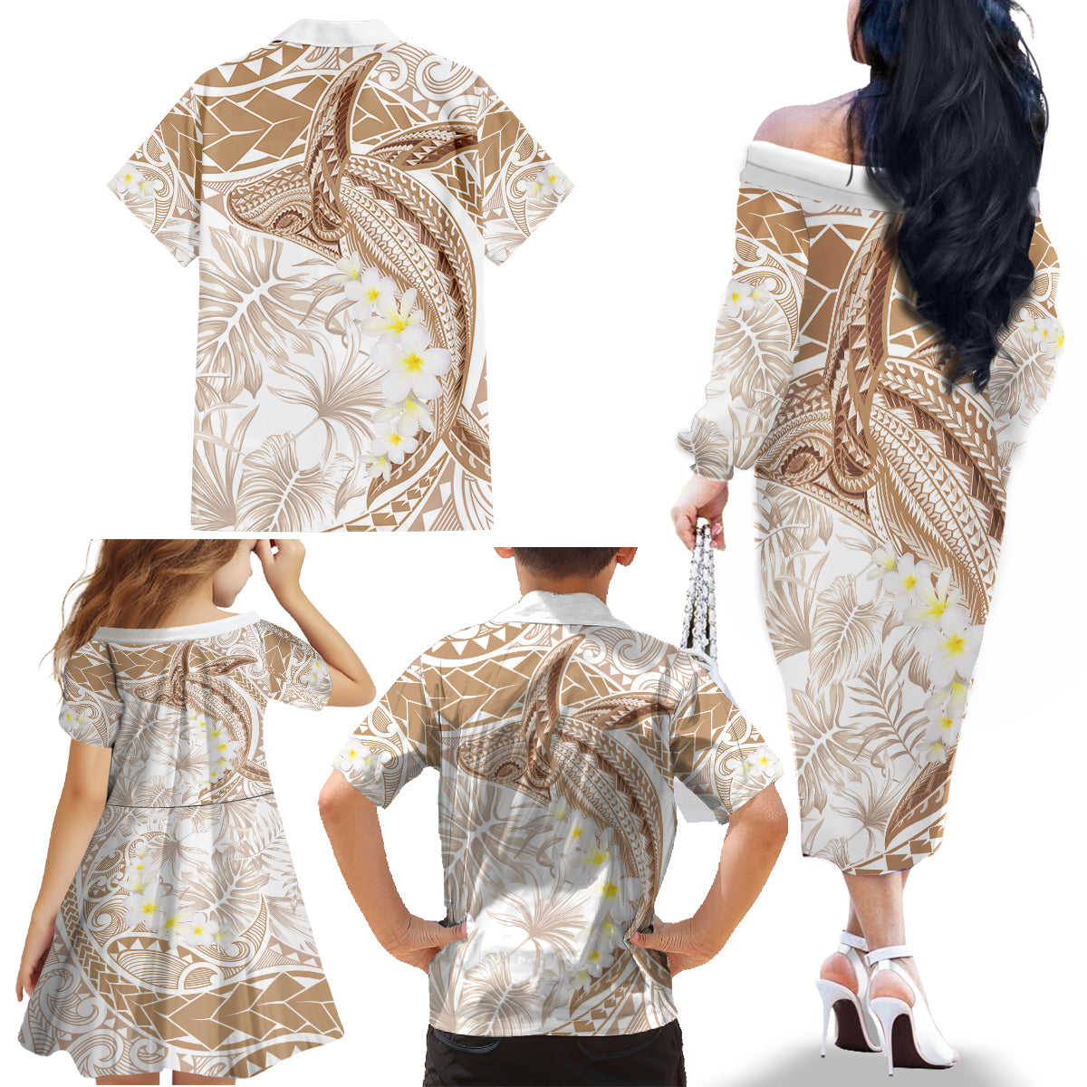 Polynesia Humpback Whale Family Matching Off The Shoulder Long Sleeve Dress and Hawaiian Shirt Tropical Plumeria Beige LT7 - Polynesian Pride