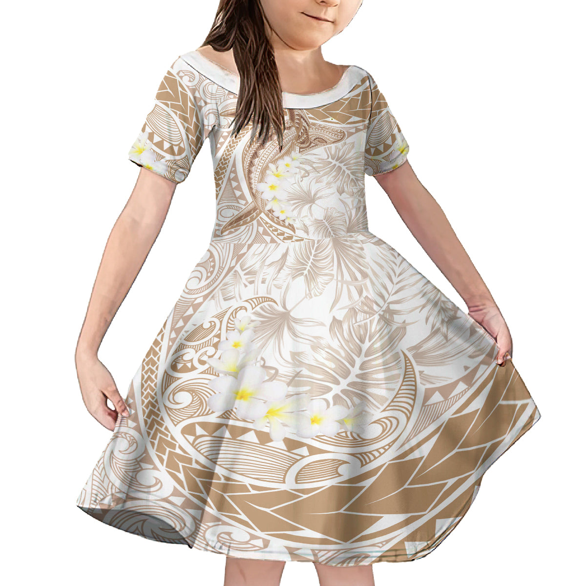 Polynesia Humpback Whale Family Matching Off Shoulder Maxi Dress and Hawaiian Shirt Tropical Plumeria Beige LT7 Daughter's Dress Beige - Polynesian Pride