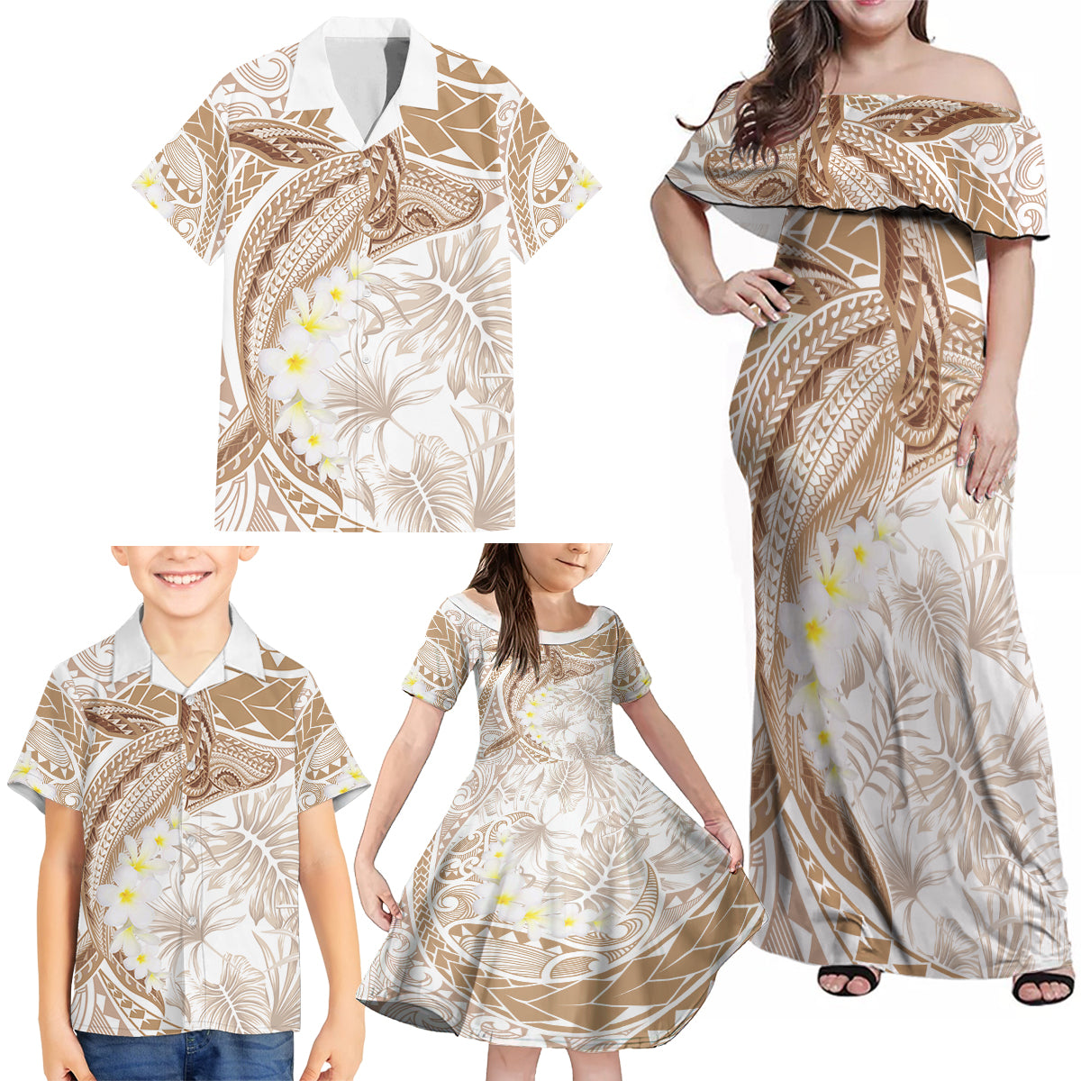 Polynesia Humpback Whale Family Matching Off Shoulder Maxi Dress and Hawaiian Shirt Tropical Plumeria Beige LT7 - Polynesian Pride