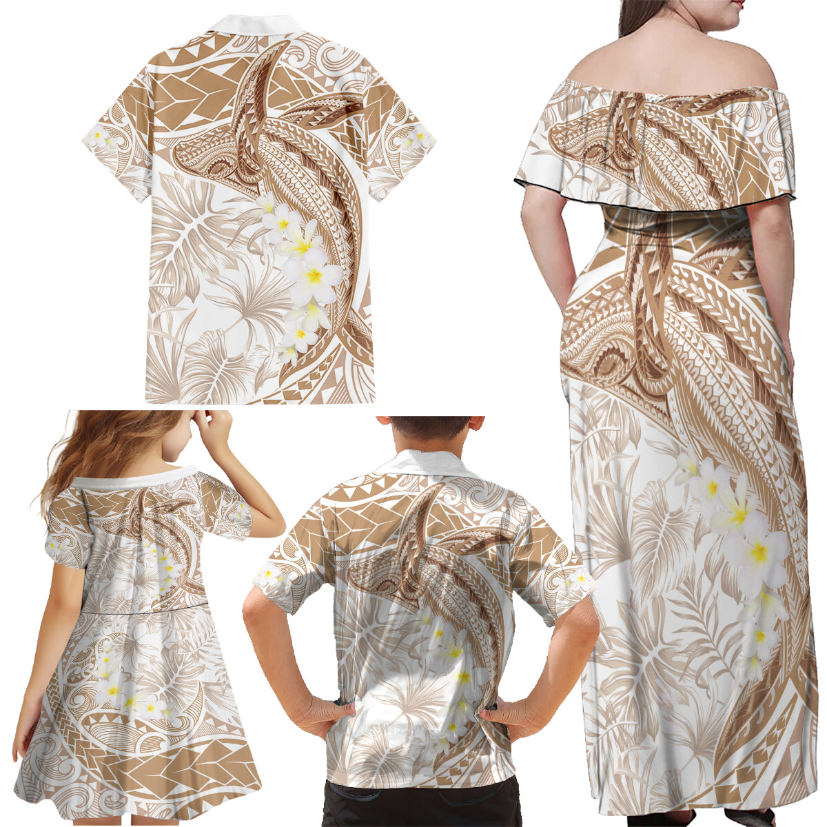 Polynesia Humpback Whale Family Matching Off Shoulder Maxi Dress and Hawaiian Shirt Tropical Plumeria Beige LT7 - Polynesian Pride