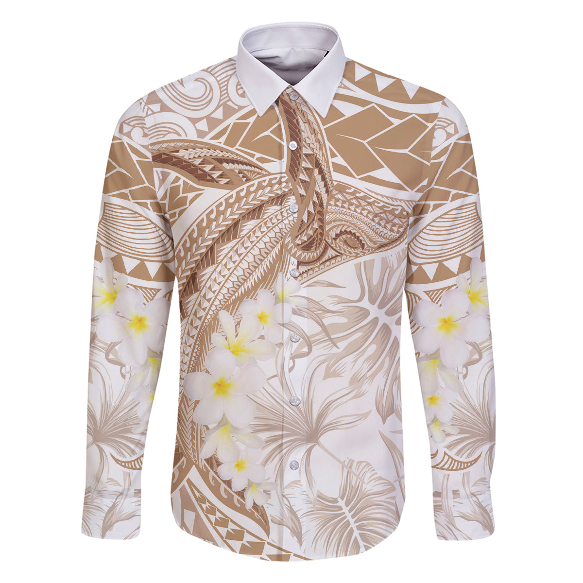 Polynesia Humpback Whale Family Matching Off Shoulder Maxi Dress and Hawaiian Shirt Tropical Plumeria Beige LT7 Dad's Shirt - Long Sleeve Beige - Polynesian Pride