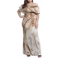 Polynesia Humpback Whale Family Matching Off Shoulder Maxi Dress and Hawaiian Shirt Tropical Plumeria Beige LT7 Mom's Dress Beige - Polynesian Pride