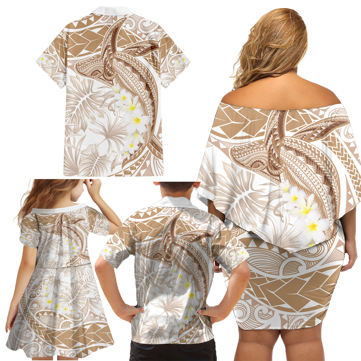 Polynesia Humpback Whale Family Matching Off Shoulder Short Dress and Hawaiian Shirt Tropical Plumeria Beige LT7 - Polynesian Pride