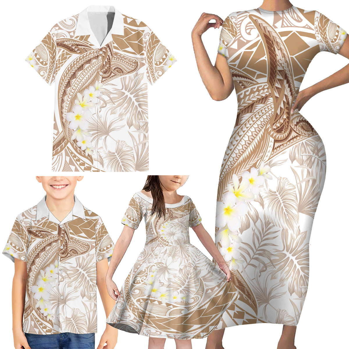 Polynesia Humpback Whale Family Matching Short Sleeve Bodycon Dress and Hawaiian Shirt Tropical Plumeria Beige LT7 - Polynesian Pride