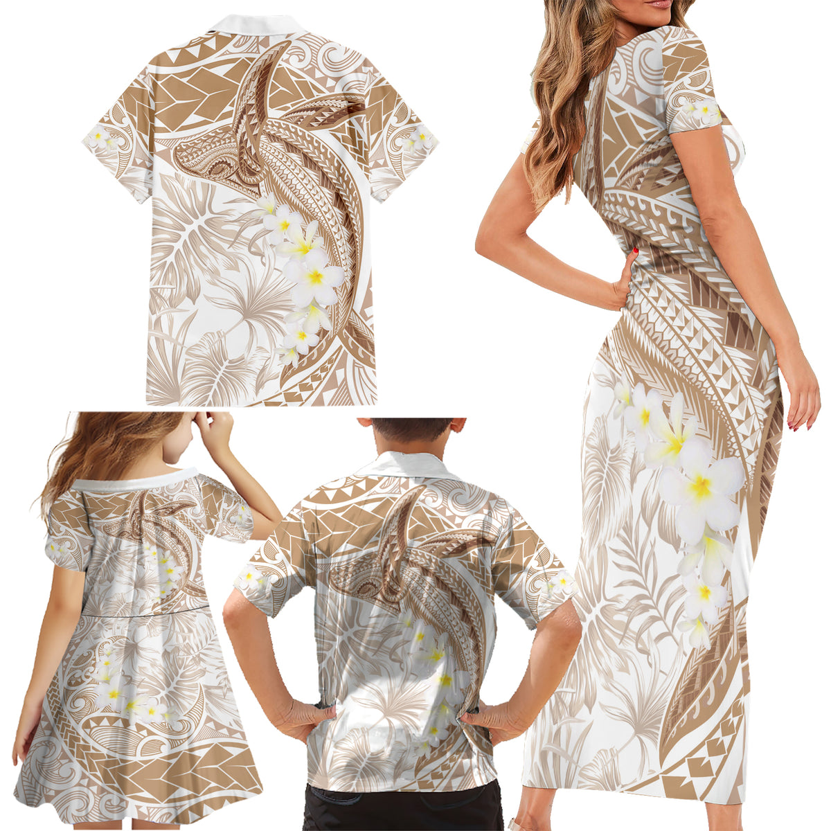 Polynesia Humpback Whale Family Matching Short Sleeve Bodycon Dress and Hawaiian Shirt Tropical Plumeria Beige LT7 - Polynesian Pride