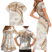 Polynesia Humpback Whale Family Matching Short Sleeve Bodycon Dress and Hawaiian Shirt Tropical Plumeria Beige LT7 - Polynesian Pride
