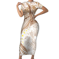 Polynesia Humpback Whale Family Matching Short Sleeve Bodycon Dress and Hawaiian Shirt Tropical Plumeria Beige LT7 Mom's Dress Beige - Polynesian Pride
