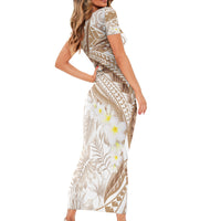 Polynesia Humpback Whale Family Matching Short Sleeve Bodycon Dress and Hawaiian Shirt Tropical Plumeria Beige LT7 - Polynesian Pride